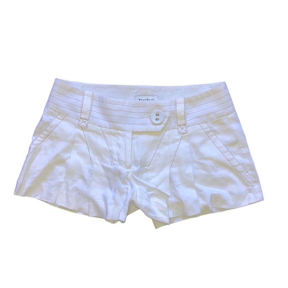 Y2K Bebe Size 2 Low Rize Micro Mini Pleated Cotton Shorts White Tan Stitching